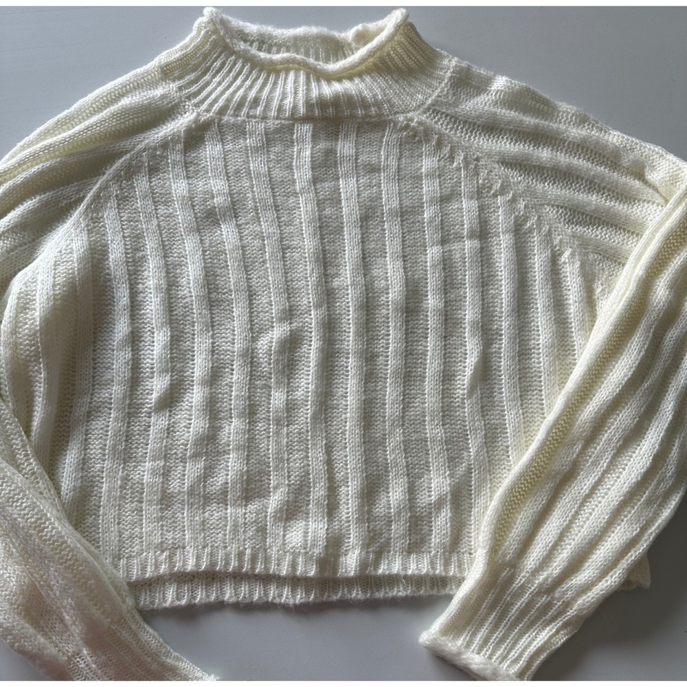 New In Women Ivory Ribbed Mock Neck Cropped Knit Sweater Size Large